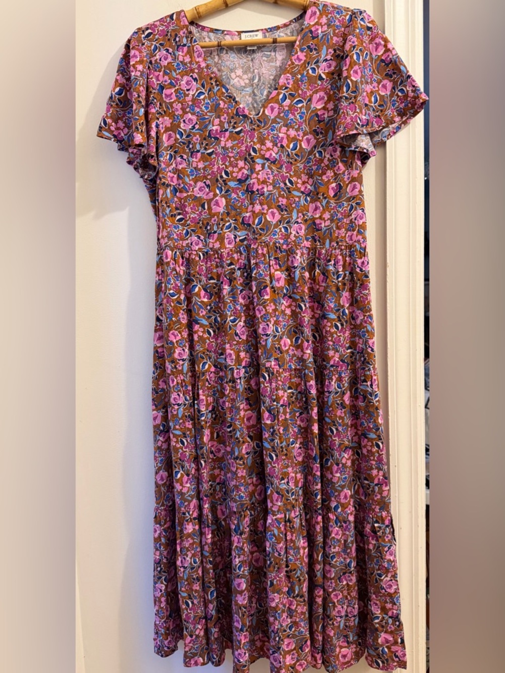 J. Crew Pink Floral Tiered Midi Dress on Brown with Pockets